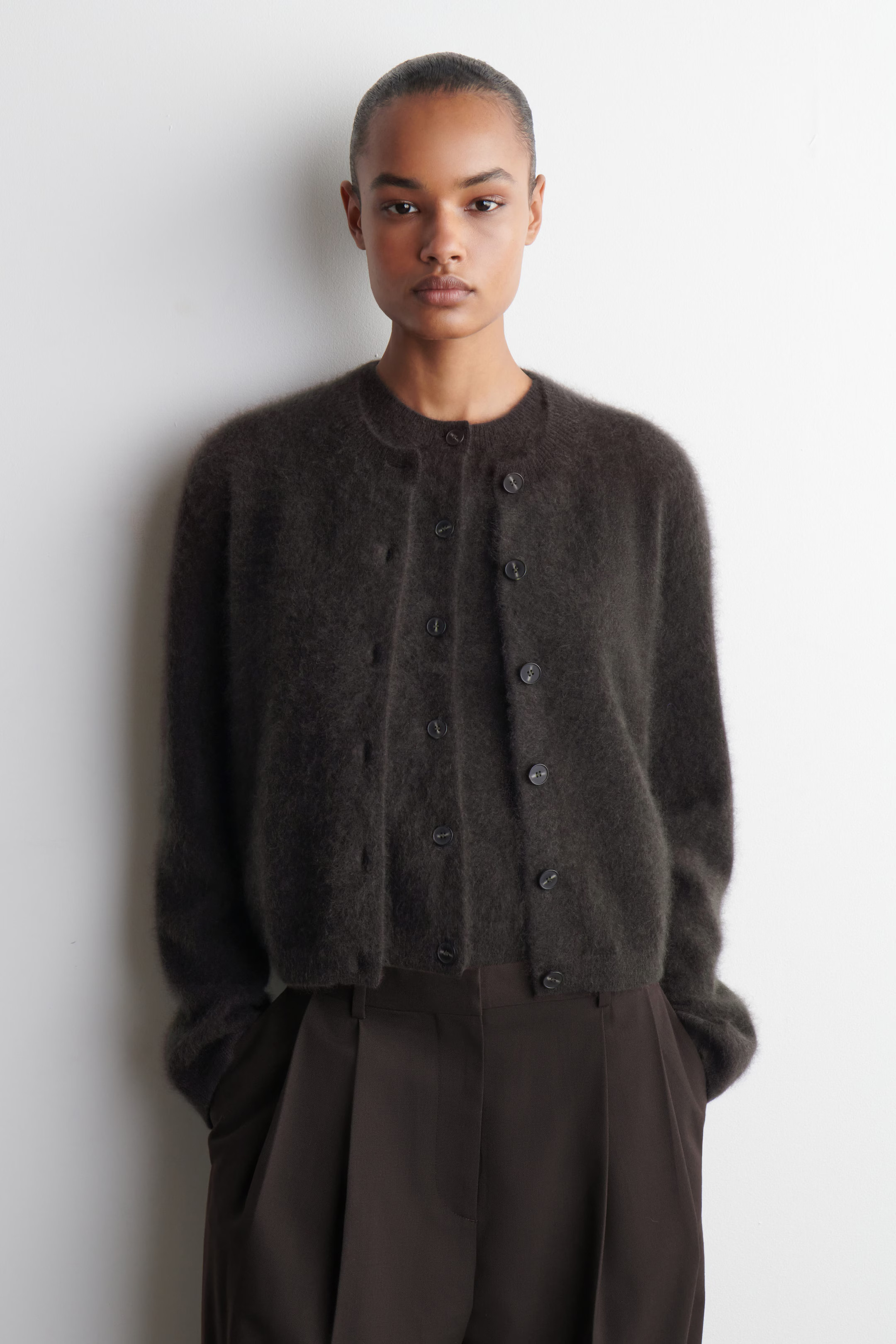 BRUSHED-CASHMERE CREW-NECK CARDIGAN - DARK BROWN | COS | COS UK