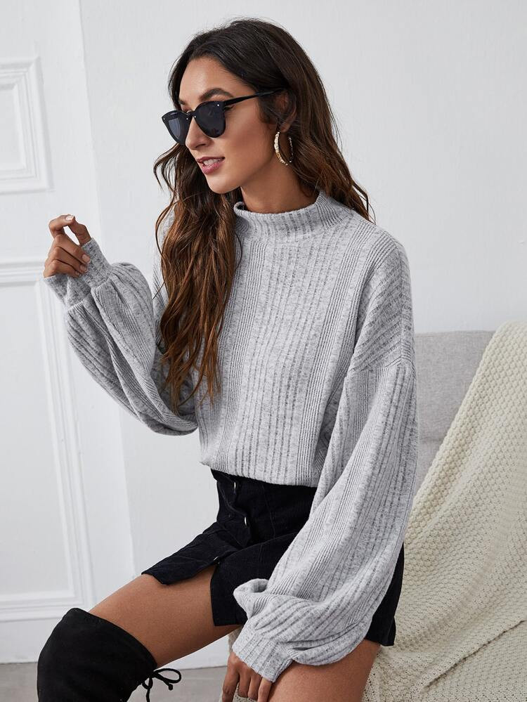 SHEIN Funnel Neck Lantern Sleeve Rib-knit Top | SHEIN