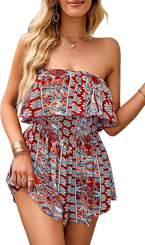 ECOWISH Women Off Shoulder Romper Strapless Floral Print Striped Beach Shorts Jumpsuit | Amazon (US)