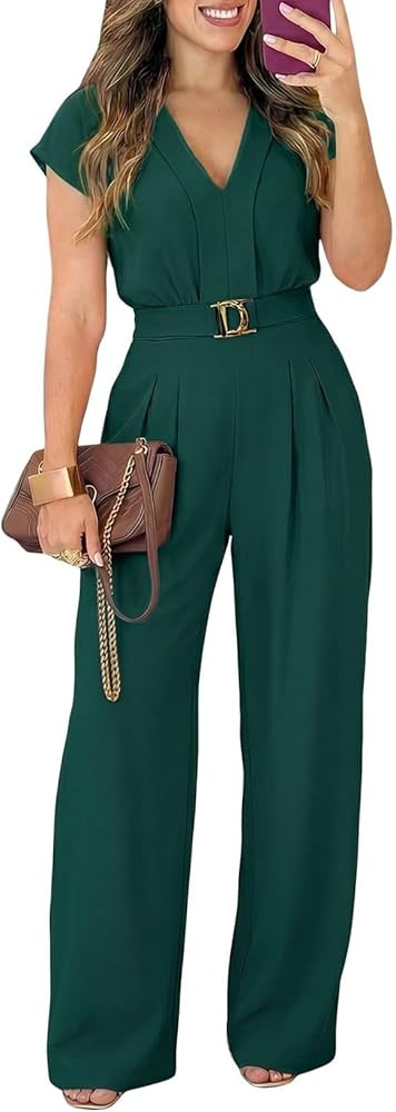 Pink Queen Jumpsuits for Women Dressy V Neck Short Sleeve Wide Leg Rompers Business Casual One Pi... | Amazon (US)