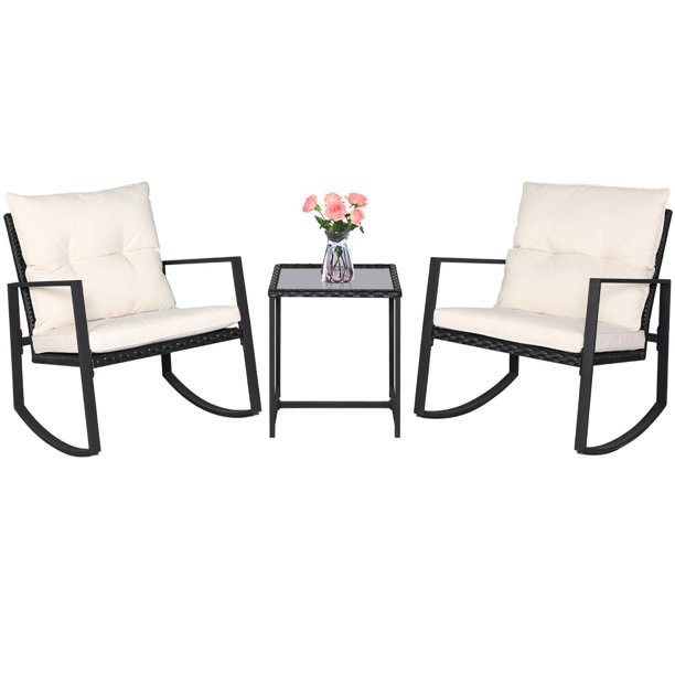 SUNCROWN 3-Piece Outdoor Patio Wicker Bistro Rocking Chair Set - Two Chairs with Glass Coffee Tab... | Walmart (US)