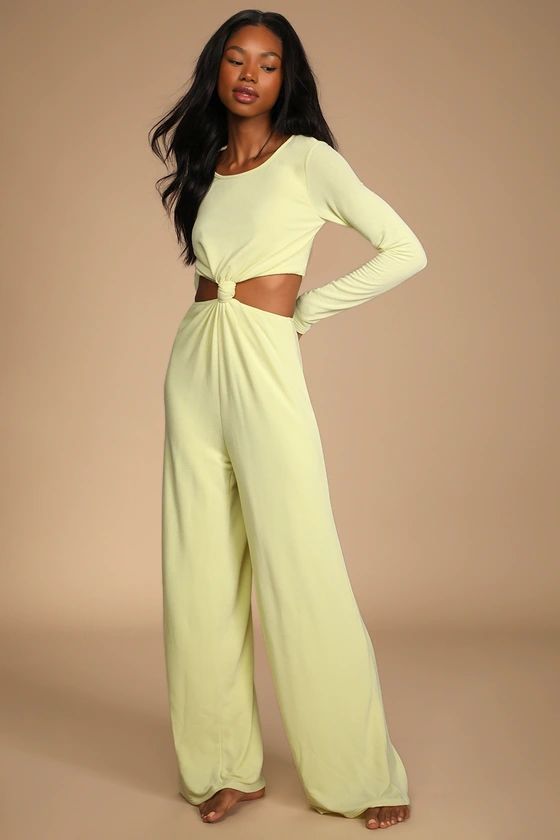 Chose to Chill Lime Green Long Sleeve Cutout Wide-Leg Jumpsuit | Lulus (US)