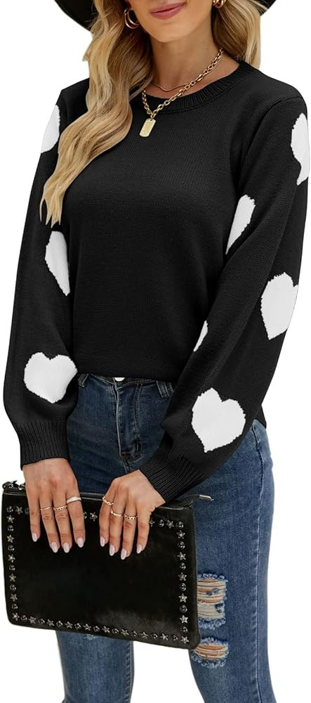 Amazon.com: Alsol Lamesa Women’s Cute Heart Sweater Puff Sleeve Crew Neck Pullover Knitted Vale... | Amazon (US)
