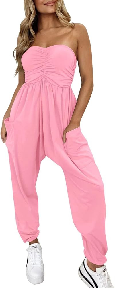 MIHOLL Womens Jumpsuit Casual Summer Strapless One Piece Rompers Loose Overalls Jumpers with Pock... | Amazon (US)