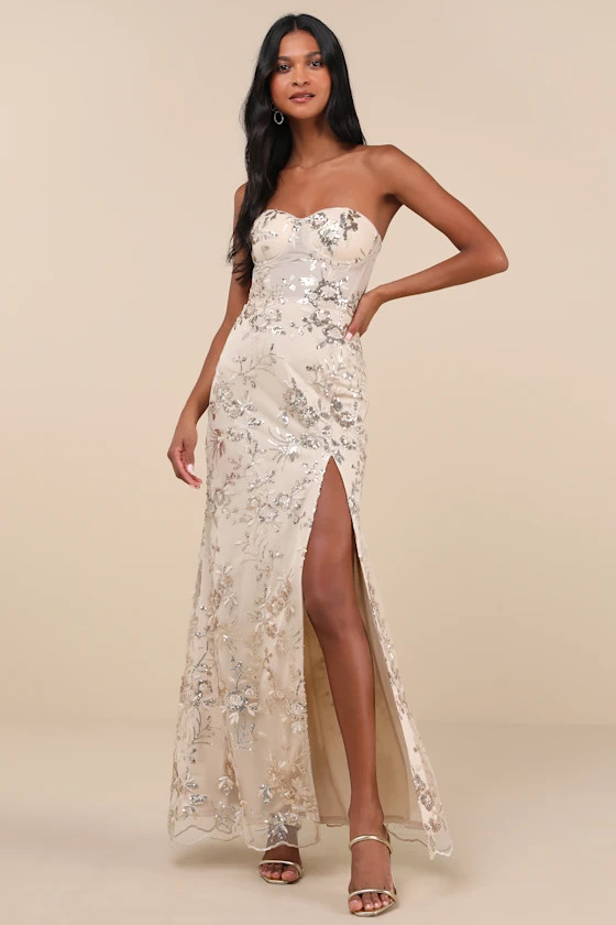 Confident Sensation Gold Sequin Strapless Bustier Maxi Dress | Lulus