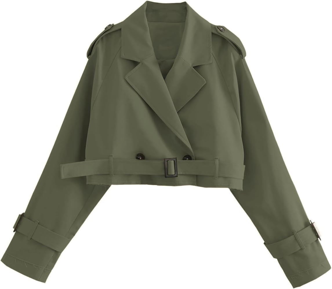 Xiaoxuemeng Womens Cropped Bike Jacket Casual Double Breasted Trench Coat with Belt | Amazon (US)