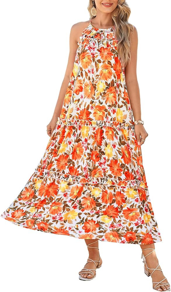 GRACE KARIN Women's Maxi Boho Dress Casual Summer Loose Long Floral Sundresses Flowy Halter Tiere... | Amazon (US)