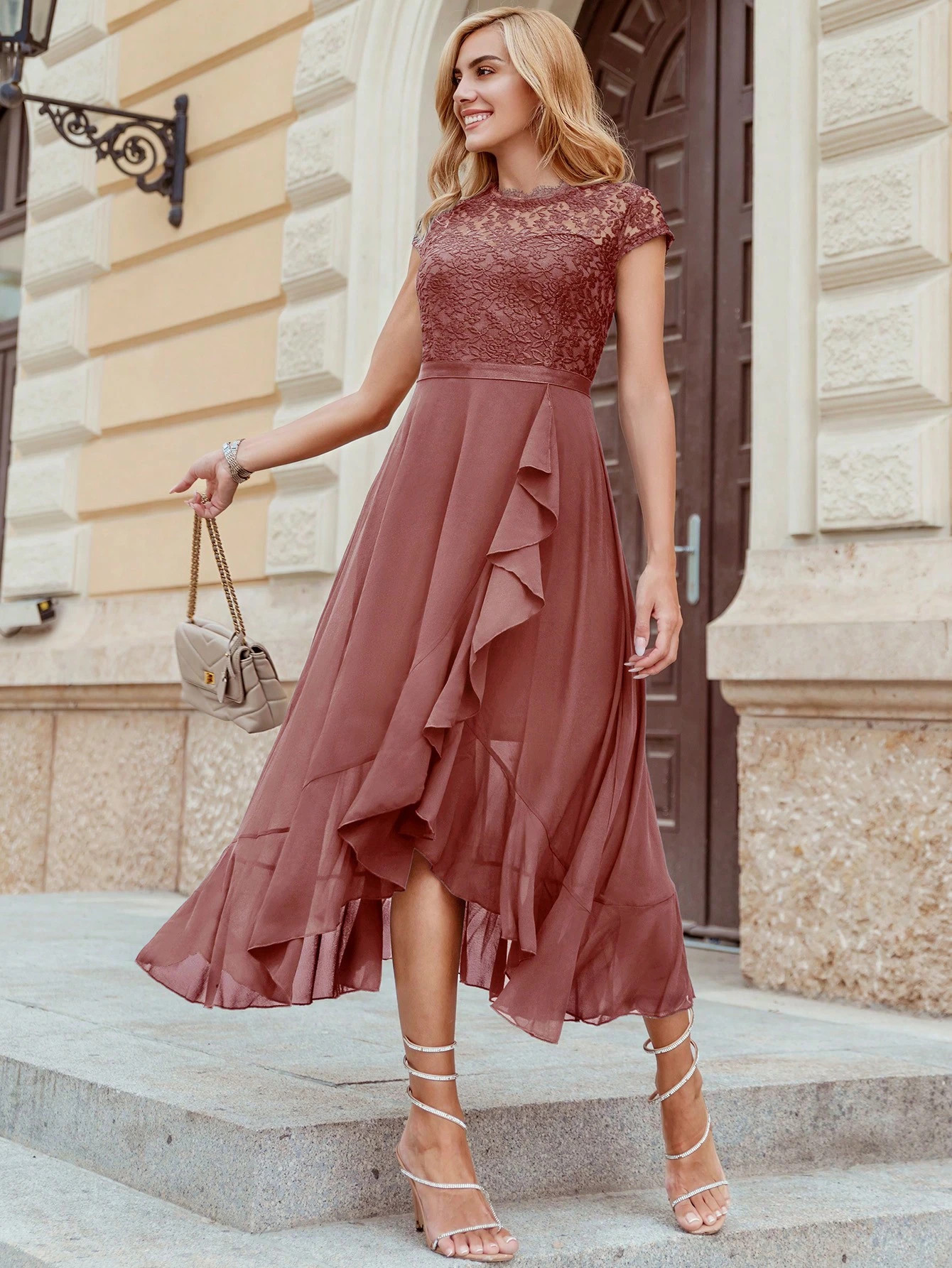 MIUSOL Contrast Lace Ruffle Trim Wrap Hem Chiffon Cocktail Party Dress | SHEIN