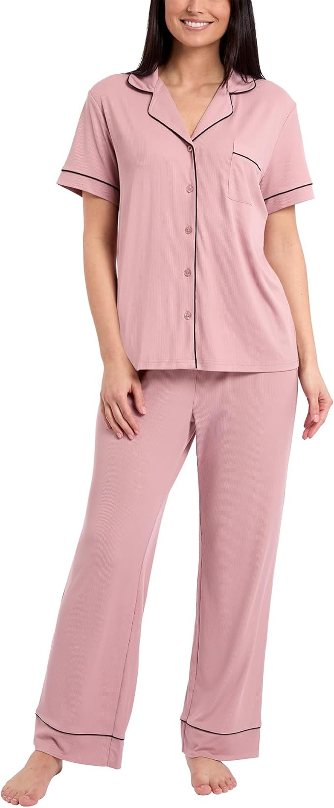Nicole Miller New York Women's Pajamas 2 Piece Soft Ribbed Notch Collar Button Down PJ Set | Amazon (US)