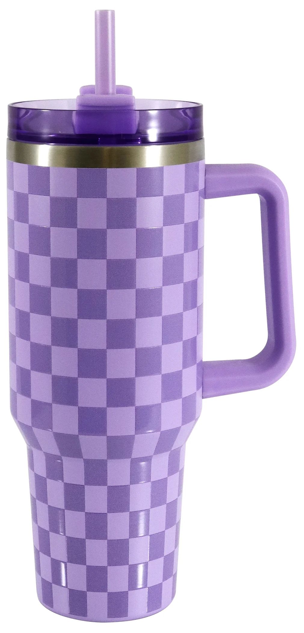 Mainstays 40 oz Stainless Steel Tumbler with Straw and Handle, Double Wall Insulated, Purple Chec... | Walmart (US)