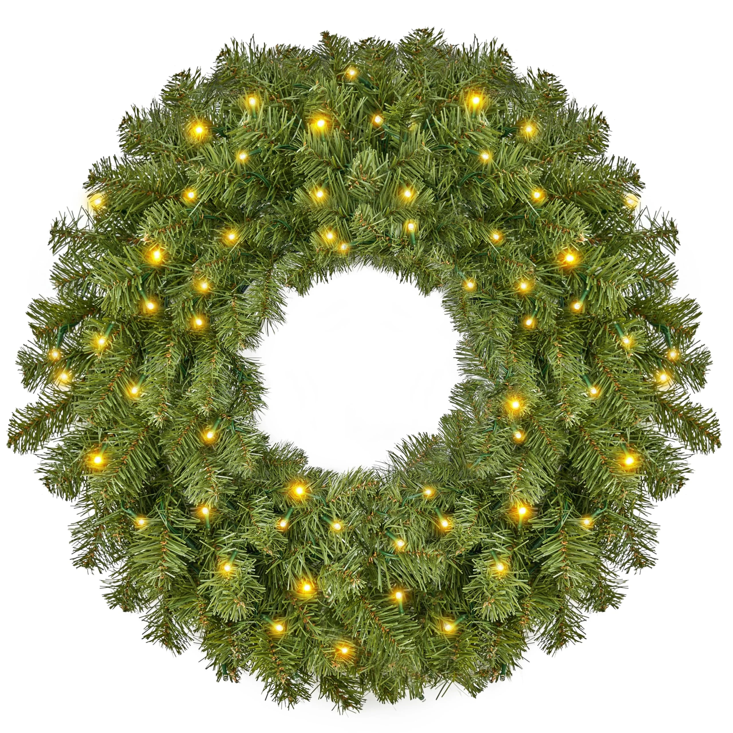 24'' Pre-Lit Christmas Wreath with Warm Lights, Large Lighted Christmas Wreaths for Front Door, W... | Wayfair North America