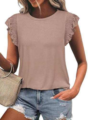 KIRUNDO Womens Summer Tops 2025 Trendy Ruffle Cap Sleeve Casual T Shirts Crewneck Basic Tee Cute Blouses Clothing(Khaki, XX-Large) | Amazon (US)