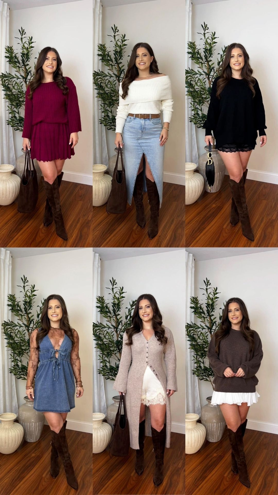 Outfit Inspo! I'm 5'1 wearing Size Small burgundy set / Size Small white ots sweater / Small Black Lace Trim Shorts, Size Small Black Sweater / Size Large Denim Dress, Size small lace top / Medium Lace Shorts, Small Long Cardigan / size Large in the sweater for an oversized fit 

 