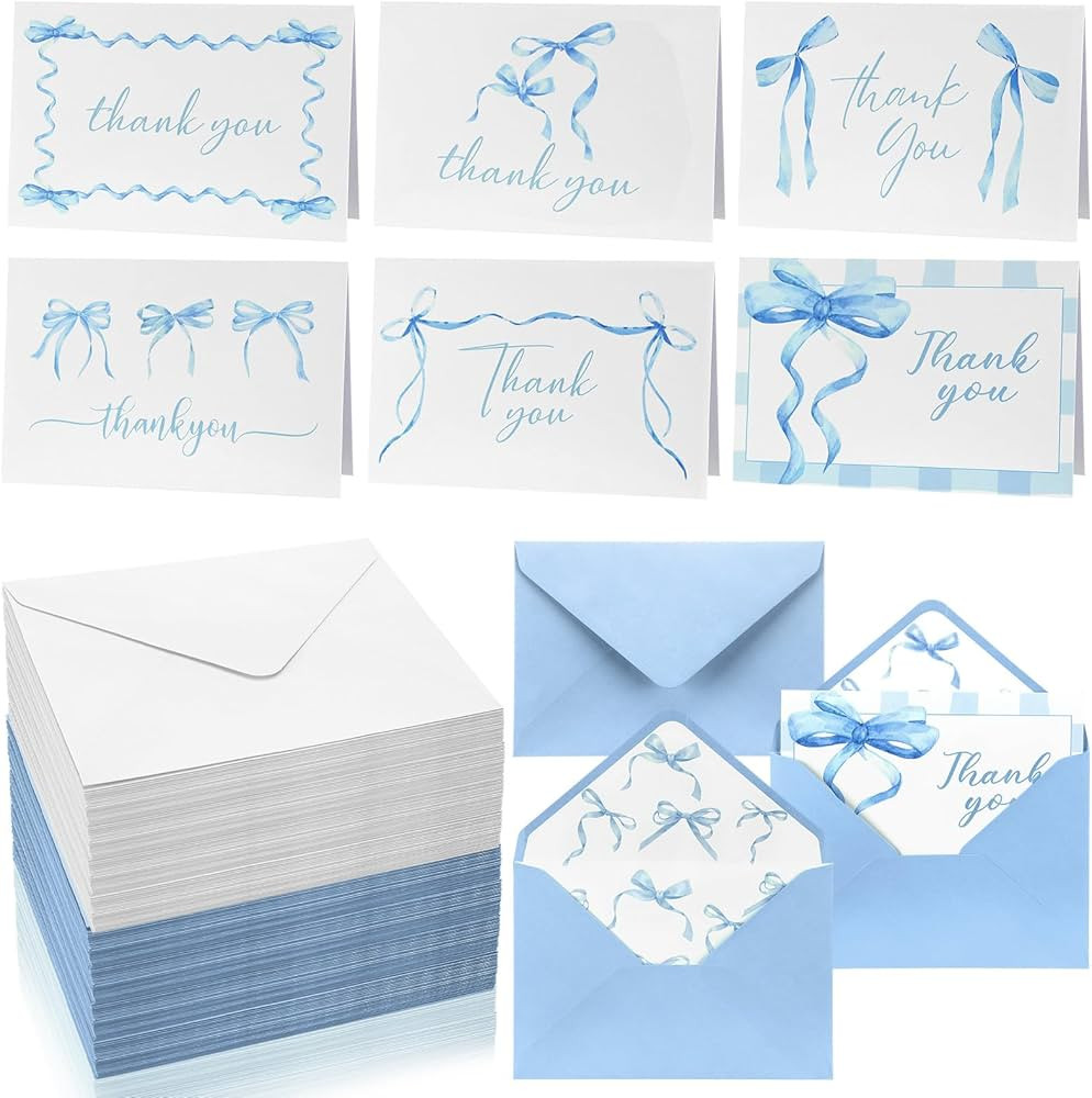 60 Set Blue Bow Thank You Cards with Envelopes 4"x 6" Blue Bow Watercolor Greeting Cards for Baby... | Amazon (US)
