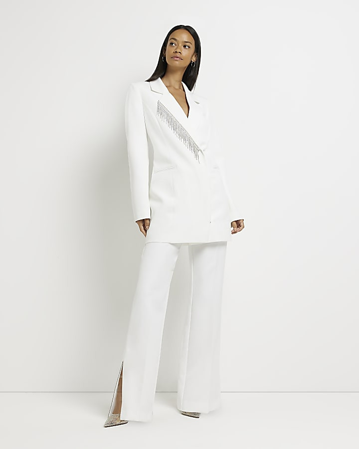 White embellished split hem trousers | River Island (US)