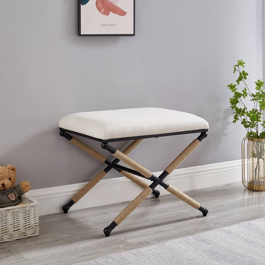 Ball & Cast Upholstered Ottoman Stool X-Metal Frame Foot Rest Padded Vanity Stool, Cream White | Amazon (US)