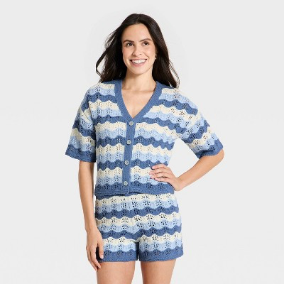 Women's Short Sleeve Cardigan Sweater - Universal Thread™ Blue Striped M | Target