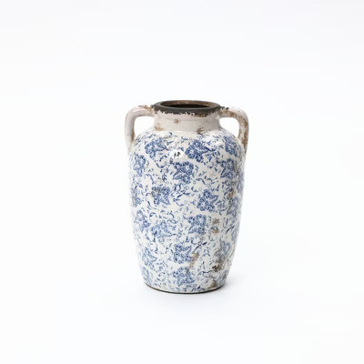 LuxenHome Vintage Blue Floral Vase with Handles, Decorative Ceramic Jar for Farmhouse Decor Multicolored | Target