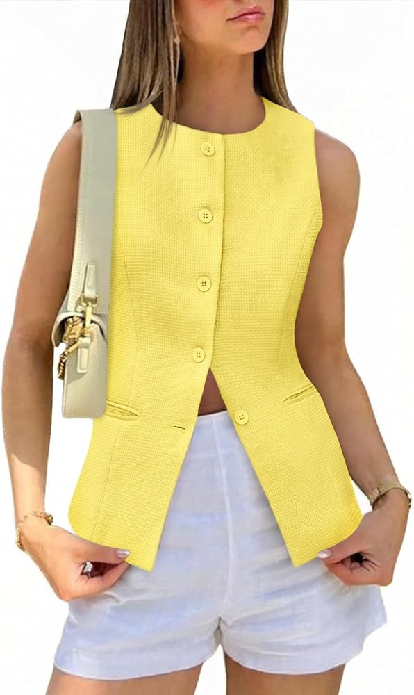 Tankaneo Womens Tweed Sleeveless Vest Crew Neck Button Down Fitted Blazer Vest Tops Work Casual W... | Amazon (US)