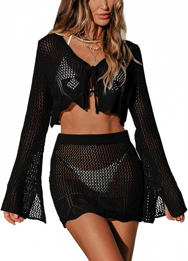 CUPSHE Women Crochet Swimsuit Cover Up Set Long Sleeve 2 Piece Summer Bathing Suit Beach Outfit | Amazon (US)