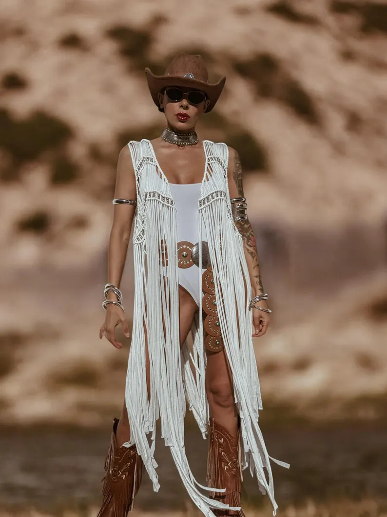 White Fringe Macrame Vest, Cowgirl Bridal Fringe Jacket, Western Fringe Vest, Country Girl Cowgir... | Etsy (Global)