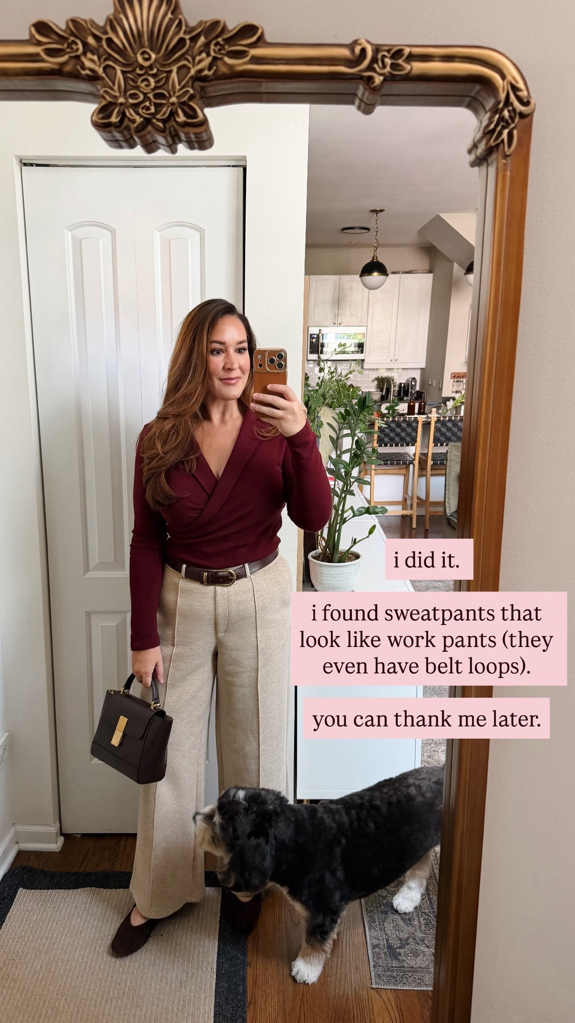 Found a pair of pants that look appropriate for work but actually feel like sweatpants!

Sweatpants- Medium Petite
Collared burgundy wrap top- medium 
Brown brass belt- 95
Suede flats that fit a wide foot
Chocolate brown top handle purse with crossbody
￼

#LTKMidsize #LTKWorkwear #LTKOver40