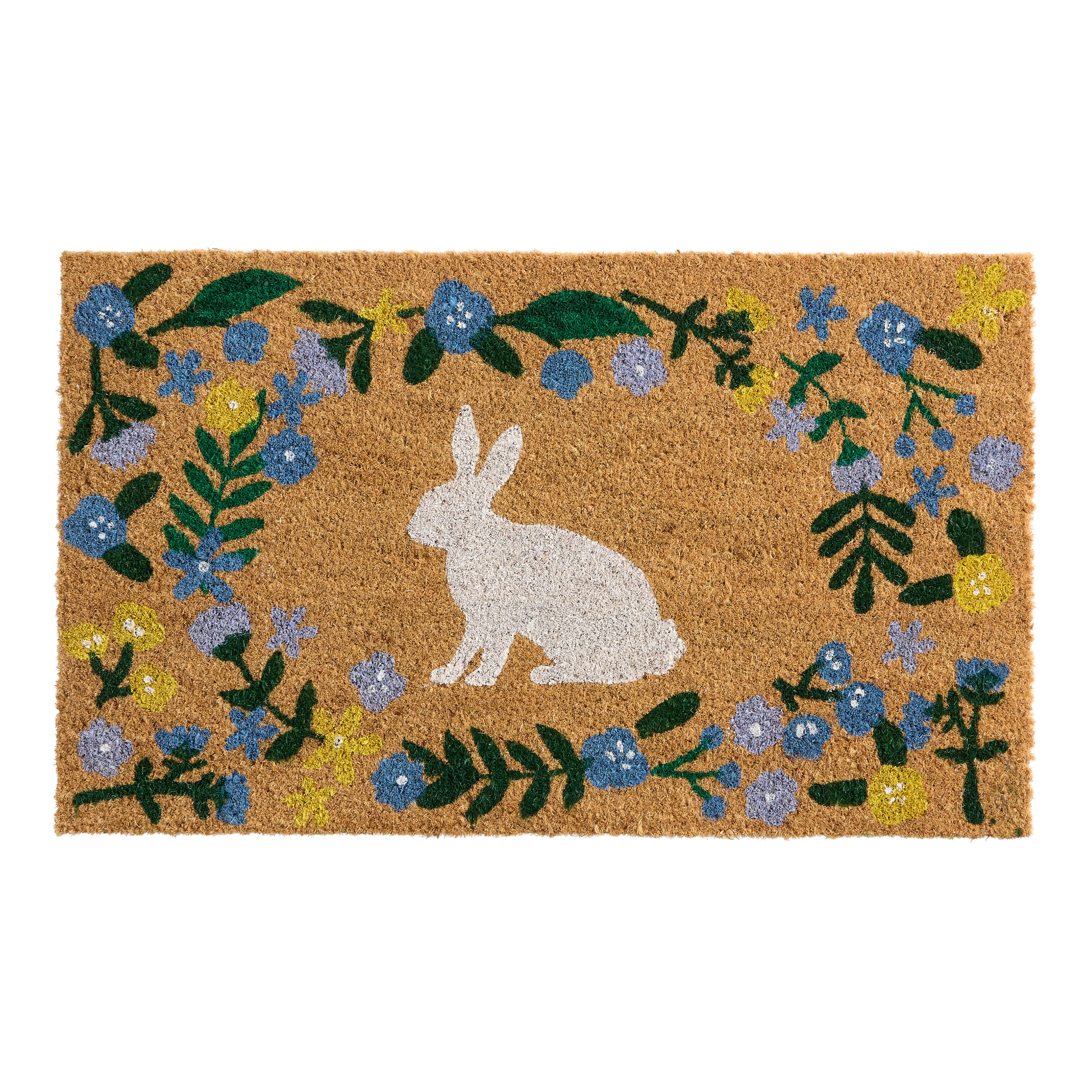 White Bunny and Multicolor Floral Coir Doormat | World Market