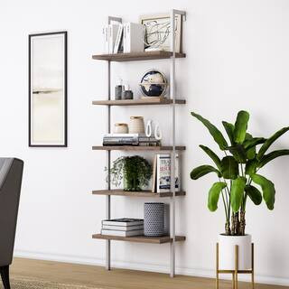 Nathan James Theo Natural Light Brown 5-Shelf Ladder Bookcase or Bookshelf with White Metal Frame, N | The Home Depot