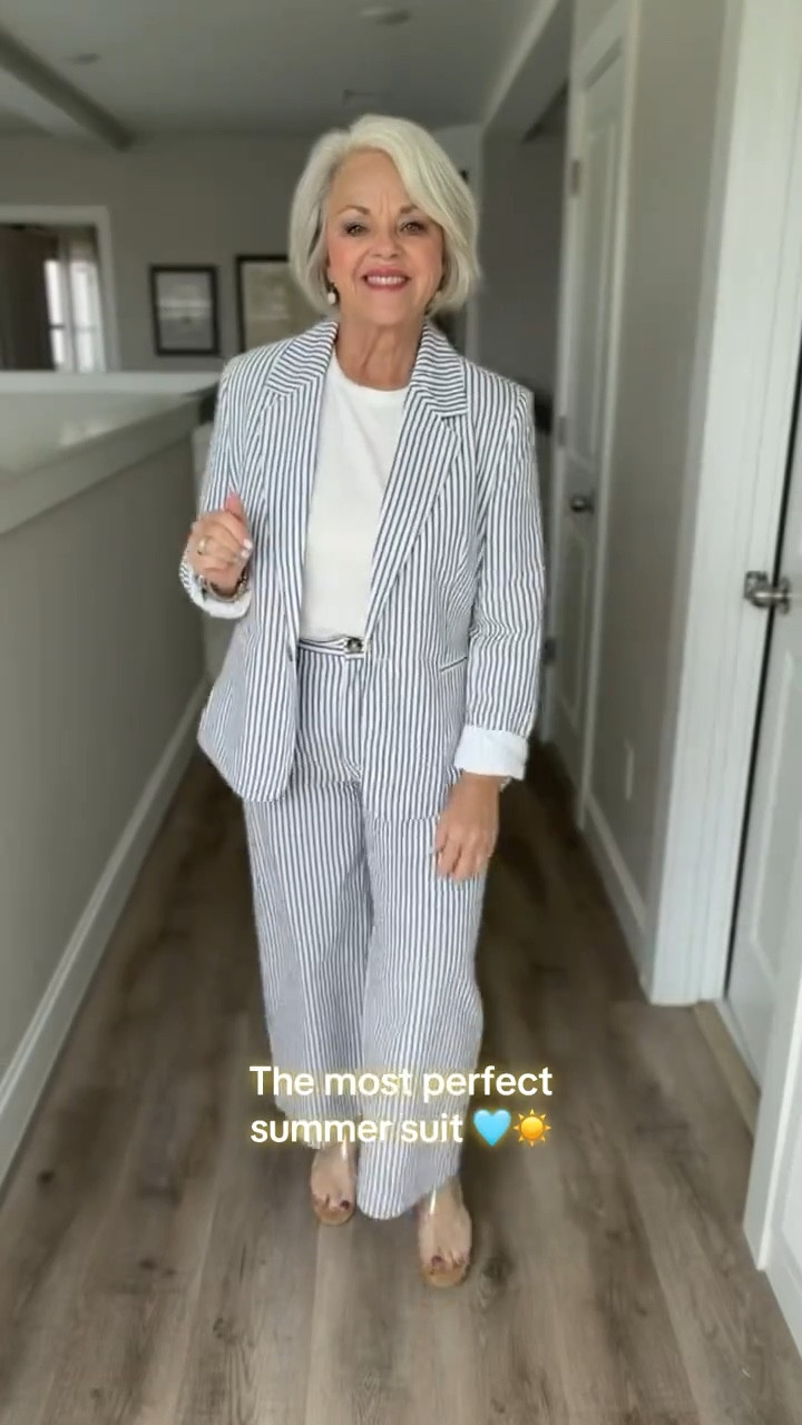 Sunshine-ready and effortlessly chic ☀️💙

This light blue striped summer suit is giving polished and playful — perfect for warm days when you still want to look put together. Paired it with a comfortable white tee and cute sandals for an easy, everyday vibe!

Affordable, stylish, and totally wearable ✨

Wearing size small pants & medium blazer  

#LTKootd #LTKSeasonal #LTKOver40