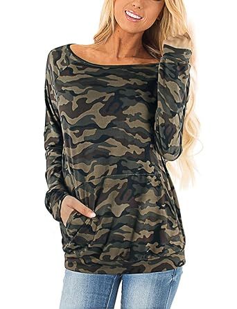 Blooming Jelly Womens Casual Camo Shirts One Shoulder Knit Tops Pocket Boat Neck Long Sleeve Tshi... | Amazon (US)