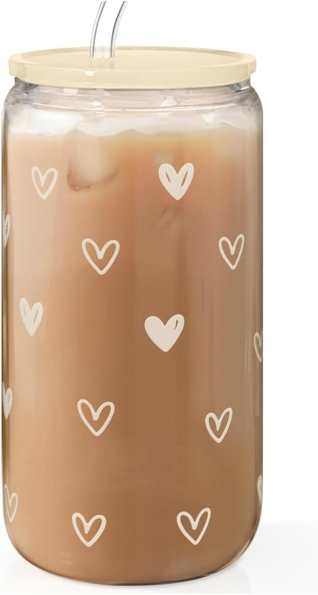 Heart 16oz Can Glass Tumbler with Acrylic Lid & Straw, Iced Coffee Cup for Women, Aesthetic Cups ... | Amazon (US)