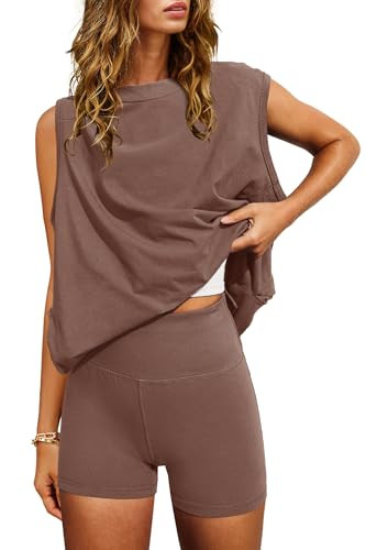 Nirovien Biker Short Sets for Women Two Piece Sets for Women Summer Sets 2 Piece Outfits Summer Travel Outfits(Red Brown,L) | Amazon (US)
