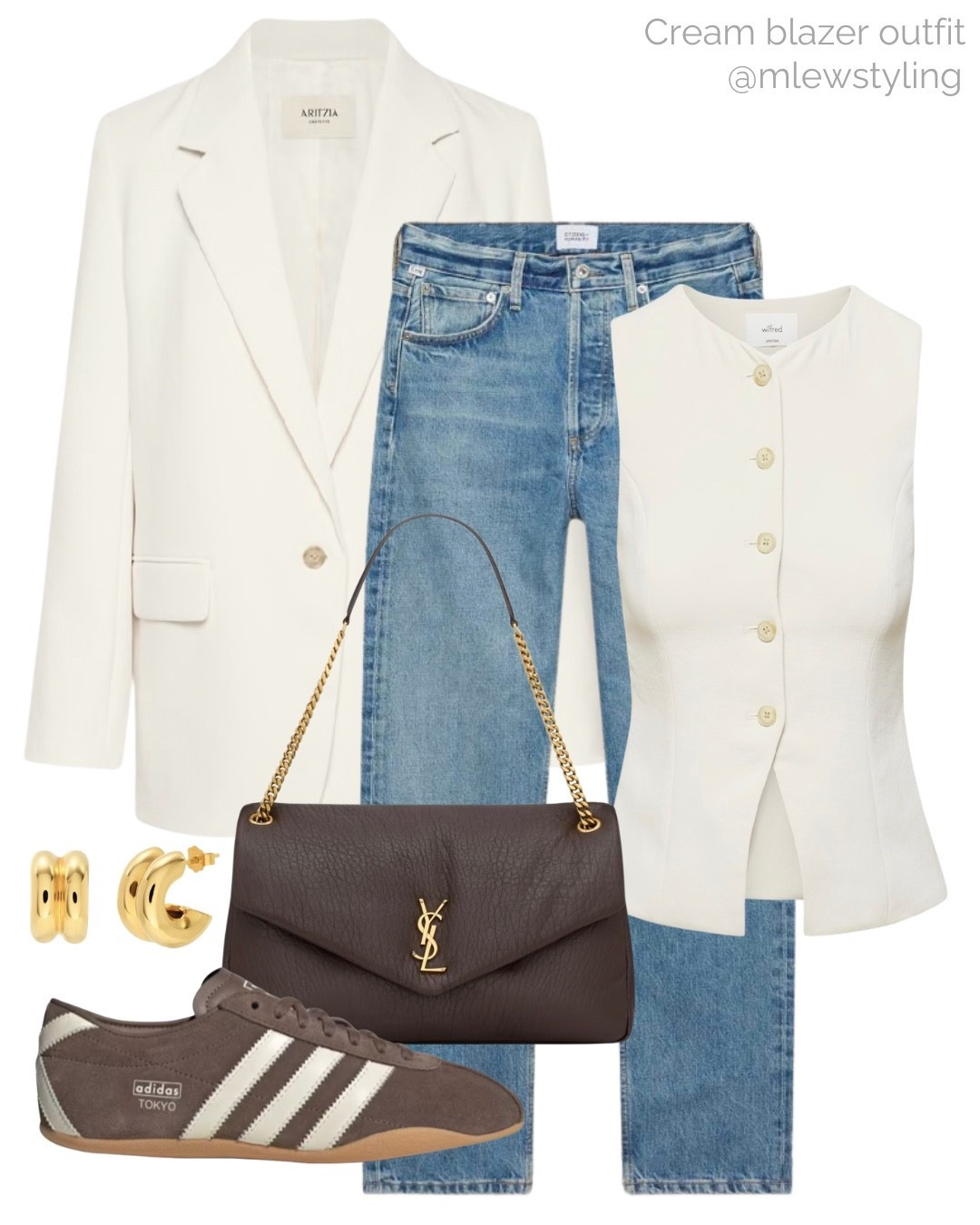 Casual workwear with an aritzia blazer and matching tailored vest 🤍

Tags: spring outfit, office look, work outfit, ysl shoulder bag, adidas Tokyo sneakers, gold hoop earrings, citizens of humanity jeans, neutral aesthetic, capsule wardrobe 

#LTKootd #LTKgrwm #LTKWorkwear