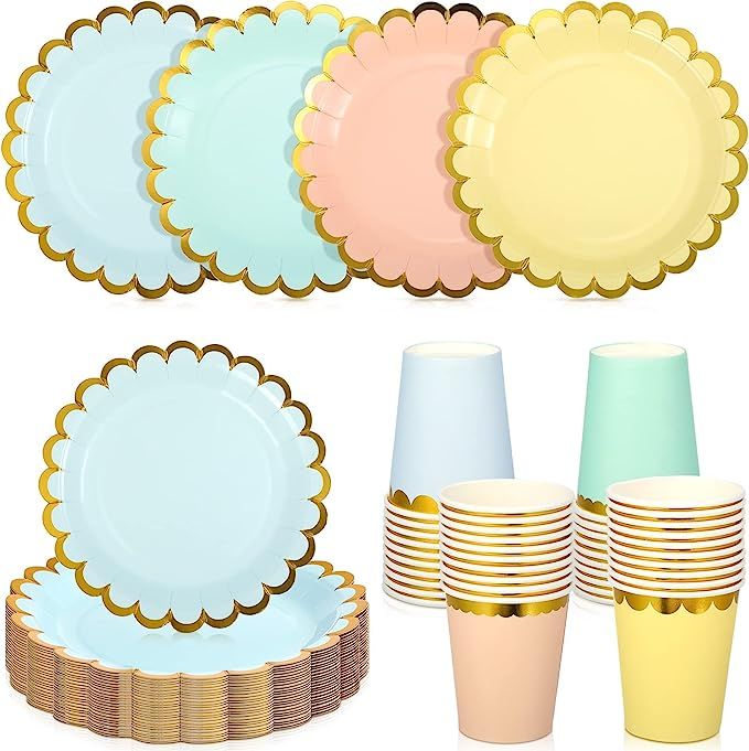CHENGU 80 Pack Disposable Plates for Party Disposable Dinnerware Set Include 7 Inch Gold Border P... | Amazon (US)
