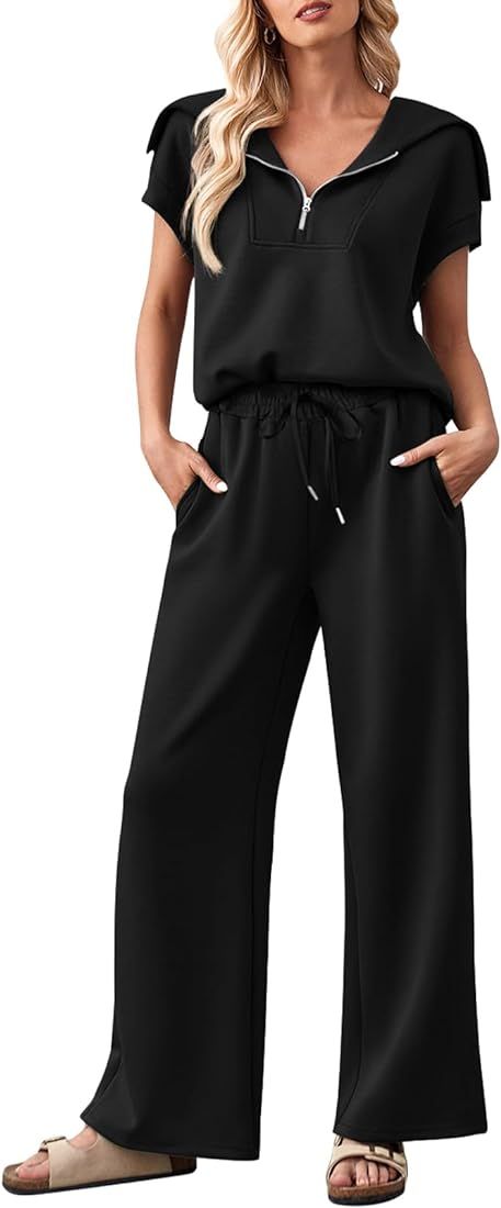 MEROKEETY Women 2 Piece Outfits Sweatsuit Set Half Zip Lapel Collar Short Sleeve Sweatshirt Wide ... | Amazon (US)