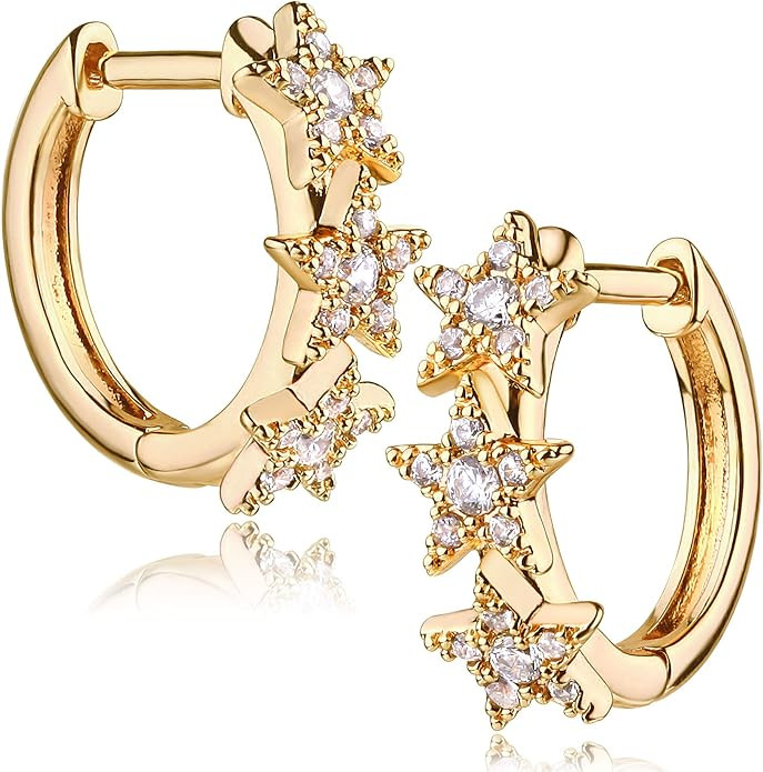 Gold Huggie Hoop Earrings 14K Gold Plated Dainty Chunky Thick Hoop Diamond Cubic Zriconia Inlay S... | Amazon (US)