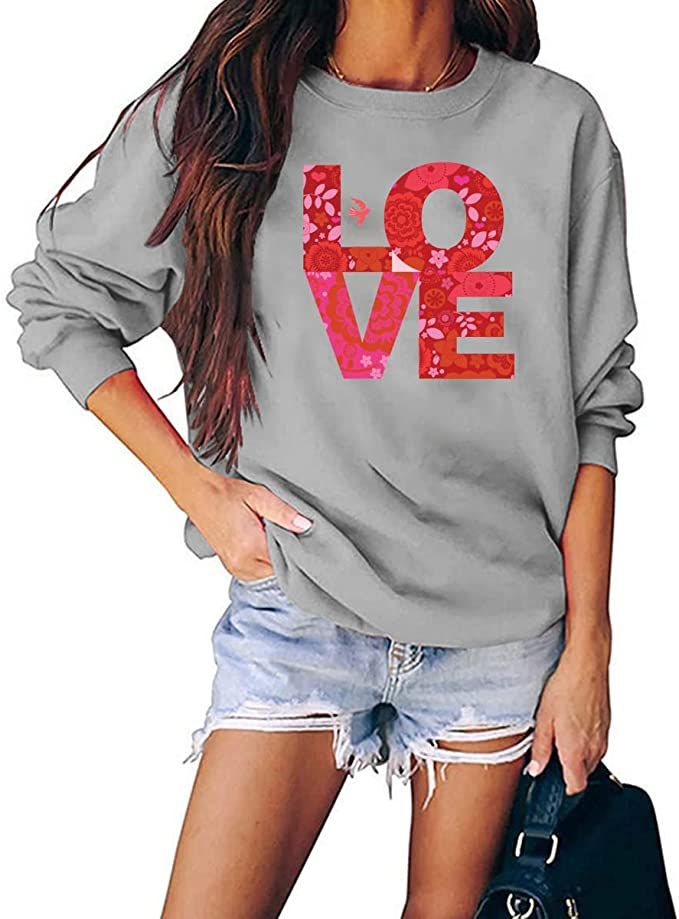 PQW Valentines Day Sweatshirt for Women Love Heart Sweatshirt Cute Graphic Print Long Sleeve for ... | Amazon (US)