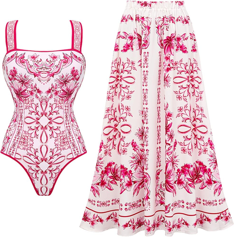 FLAXMAKER Lily and Majolica Series Intertwine Pattern Print Sling One Piece Swimsuit and Skirt | Amazon (US)