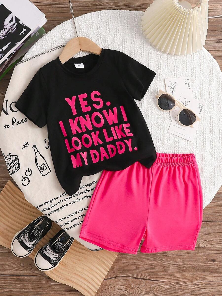 2pcs Young Girl Casual Letter Printed Short Sleeve T-Shirt And Shorts Outfit Set, Summer | SHEIN