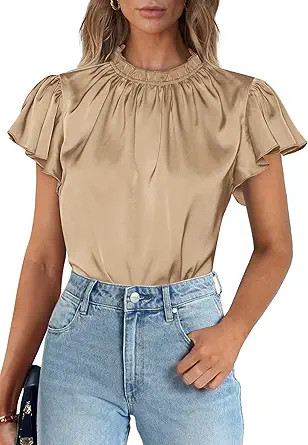 PRETTYGARDEN Business Casual Tops for Women Blouses Dressy Summer Short Sleeve Ruffle Satin Work ... | Walmart (US)