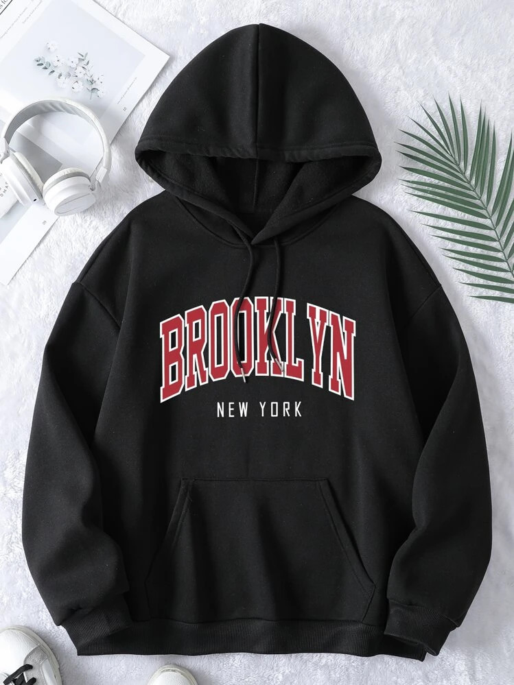 INAWLY Plus Letter Graphic Kangaroo Pocket Drawstring Thermal Hoodie, For Winter | SHEIN