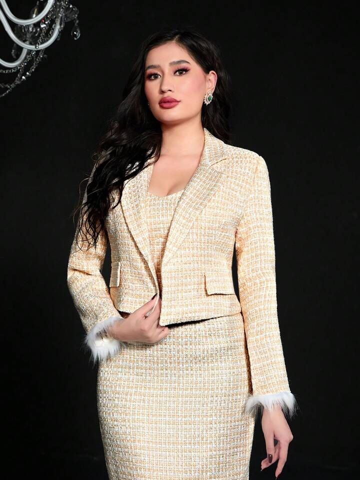 SHEIN Modely 1pc Plaid Pattern Fuzzy Cuff Tweed Overcoat | SHEIN
