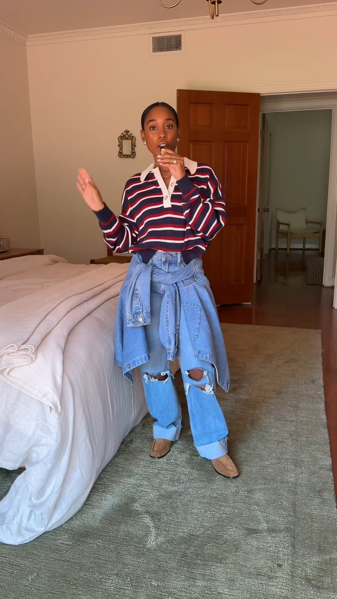 Rugby top, distressed jeans 
"DENIMAF" at checkout for an additional 15% off, which will stack on all promos!

#LTKootd #LTKSaleAlert