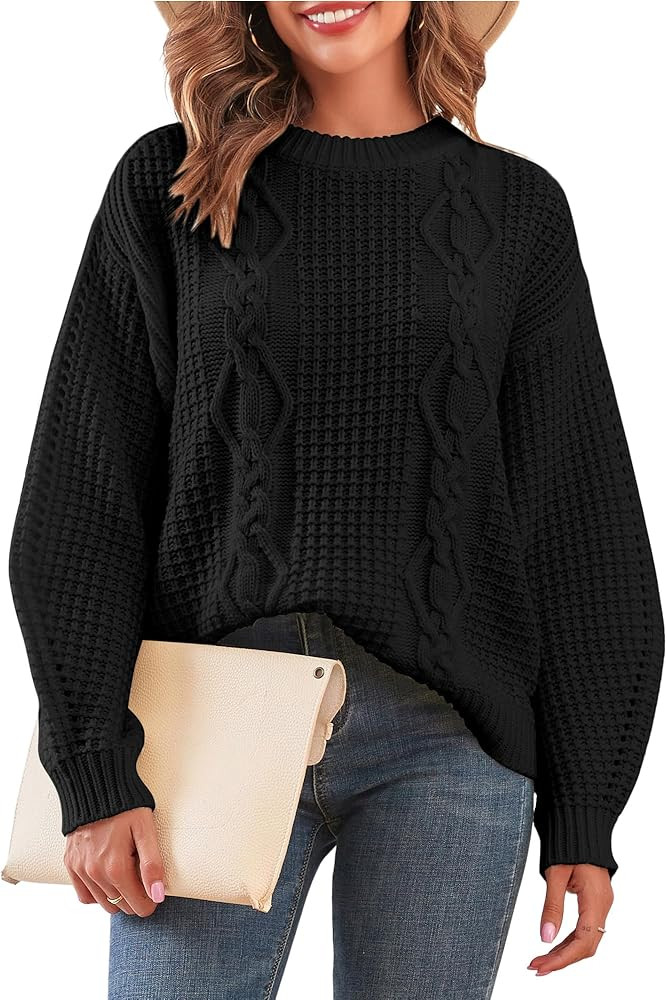 ZAFUL Womens Sweater Cable Knit Oversized Sweaters Crewneck Long Sleeves Casual Knit Pullover Top... | Amazon (US)