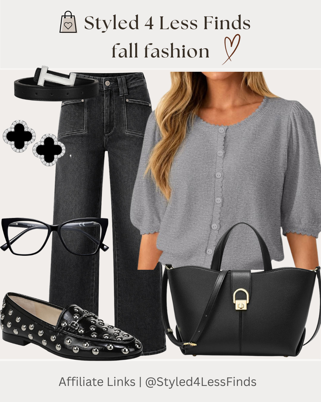 A classic fall outfit that feels polished, timeless and effortlessly chic. The black wide-leg jeans paired with a soft grey cardigan create the perfect neutral base, while the studded loafers, structured black bag and statement glasses add just the right amount of personality. 🤍

Style tip: Keep your base neutral and let your accessories do the talking! Mixing textures—like denim, knitwear and polished leather—makes a simple outfit feel much more elevated. 

 #LTKcanada #LTKfall #LTKover50style