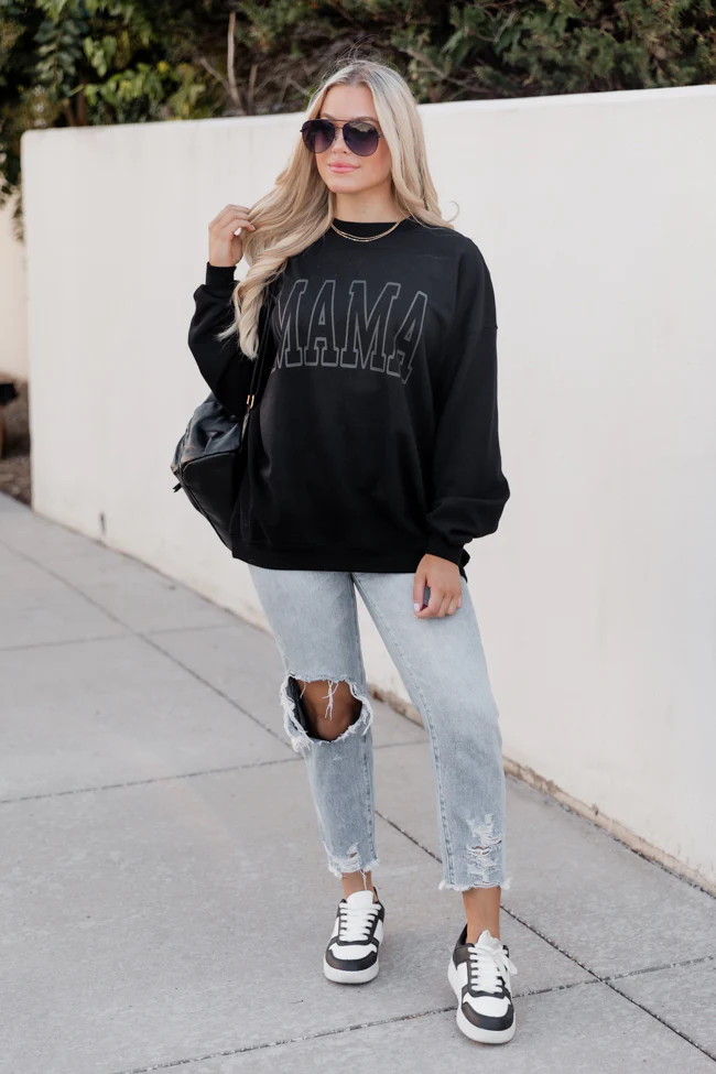 Mama Grey Block Black Oversized Graphic Sweatshirt | Pink Lily