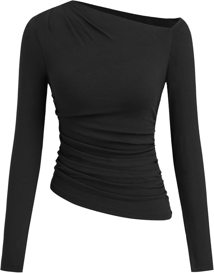 CIDER Off The Shoulder Tops for Women Long Sleeve Shirts Asymmetrical Neck Ruched Going Out Tops ... | Amazon (US)
