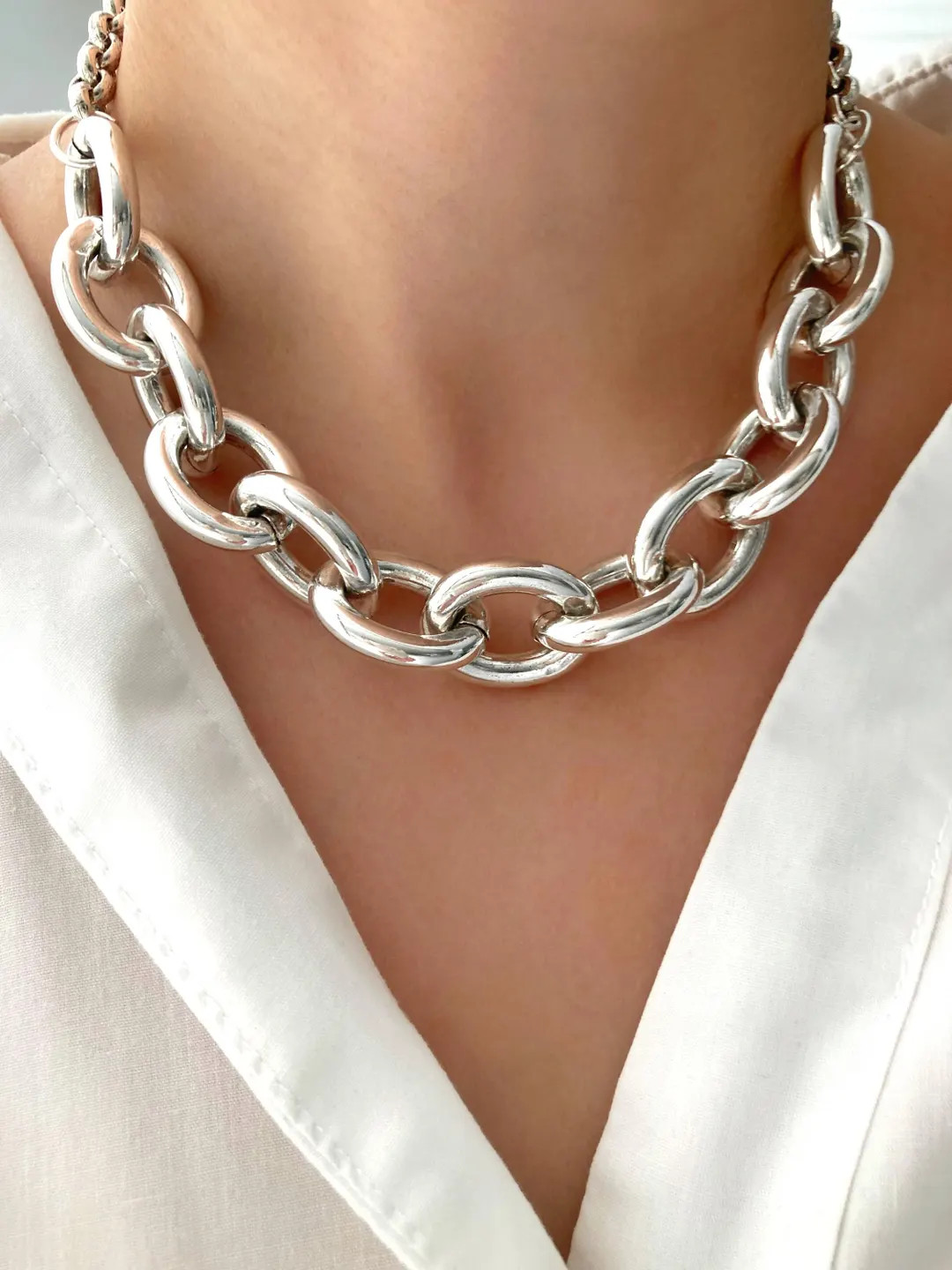 Silver Lightweight Statement Chunky Curb Chain Necklace, Choker Necklace, Gift for Her - Etsy | Etsy (US)