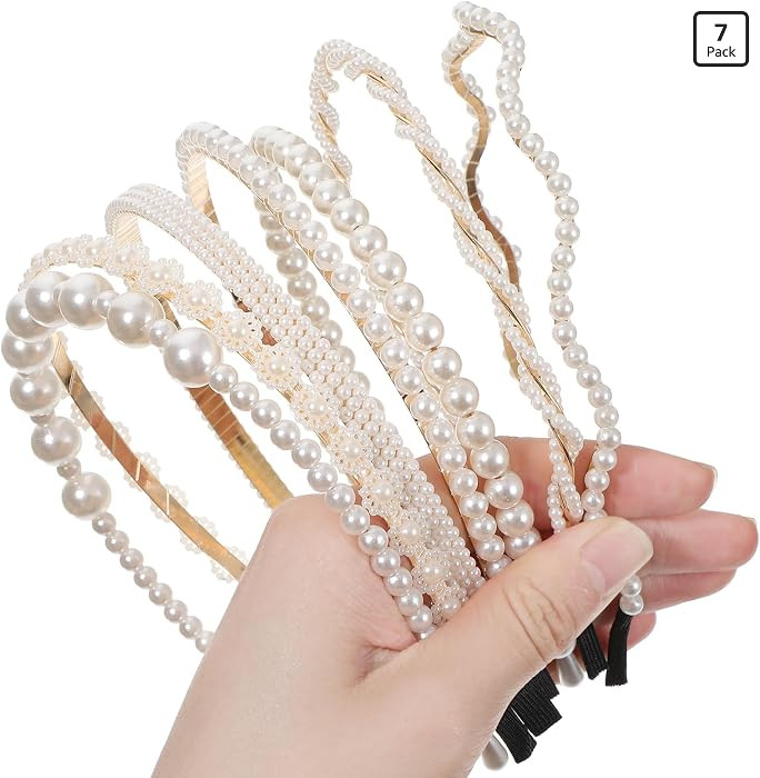 7Pcs Pearl Headband for Girls, White Non Slip Pearl Headbands | Amazon (US)