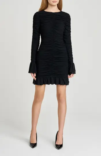 WAYF Maxine Long Sleeve Ruched Ruffle Minidress in Black at Nordstrom Rack, Size Small | Nordstrom Rack
